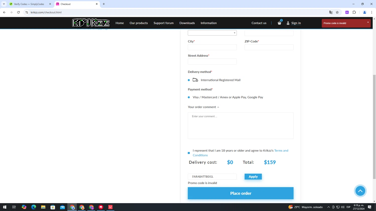 Krikzz promo code screenshot showing code 5%RABATTBEIGL applied at Krikzz checkout page. Uploaded by SimplyCodes community member ShieldAdmiral2781 on Dec 27, 2024