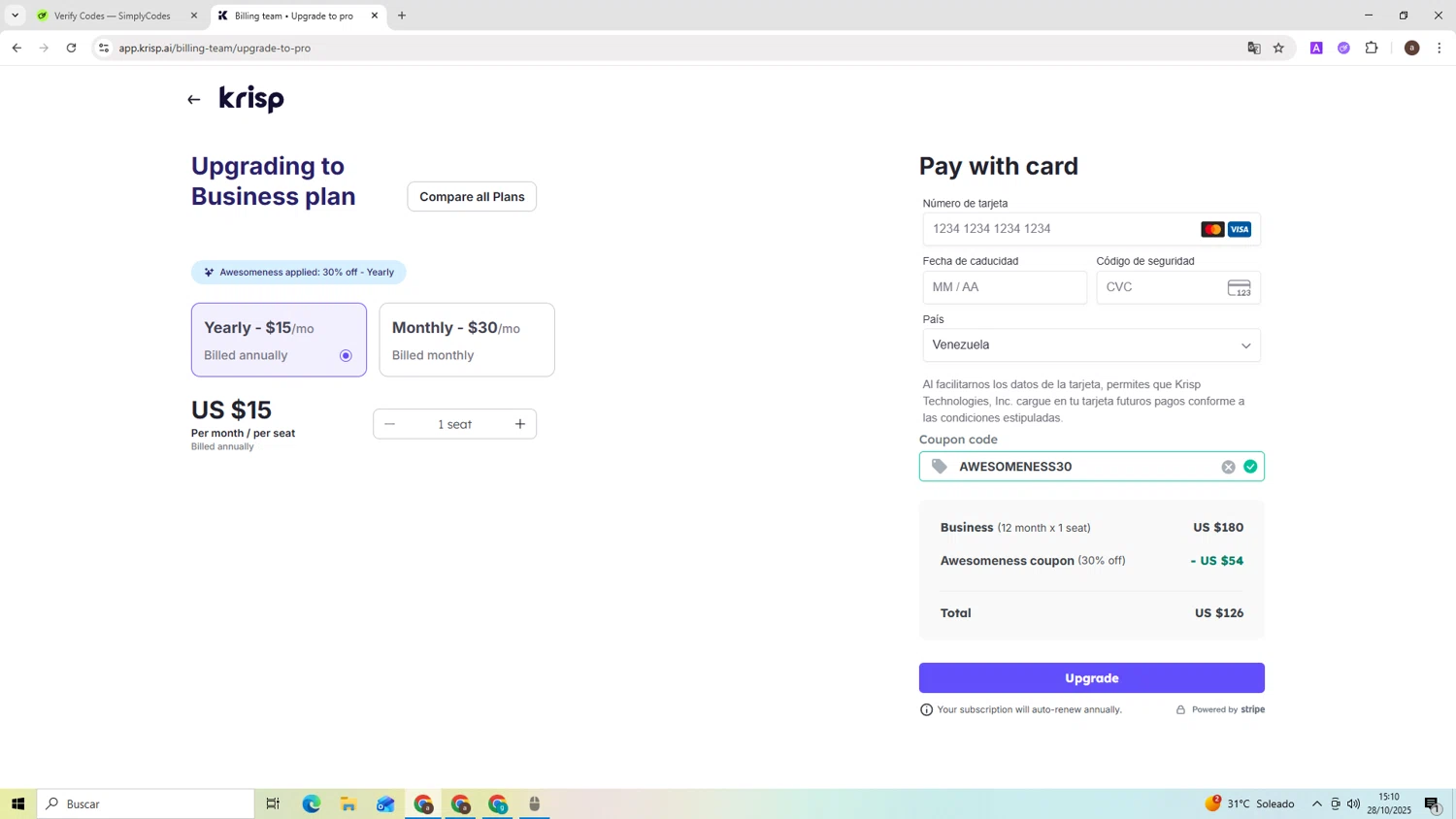Krisp coupon code screenshot showing code AWESOMENESS30 applied at Krisp checkout page. Uploaded by SimplyCodes community member ShieldAdmiral2781 on Oct 28, 2025