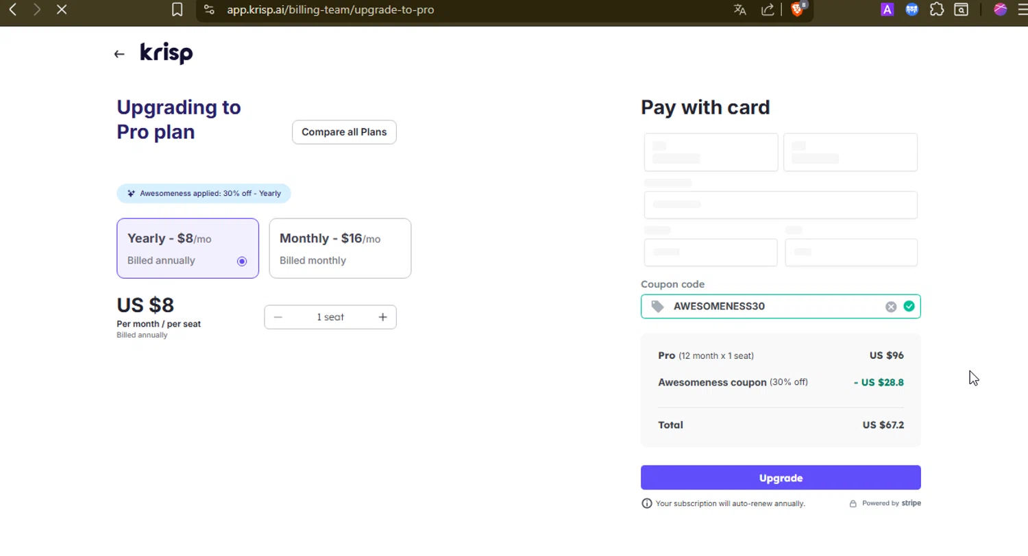 Krisp coupon code screenshot showing code AWESOMENESS30 applied at Krisp checkout page. Uploaded by SimplyCodes community member VillaloboY on Nov 19, 2025