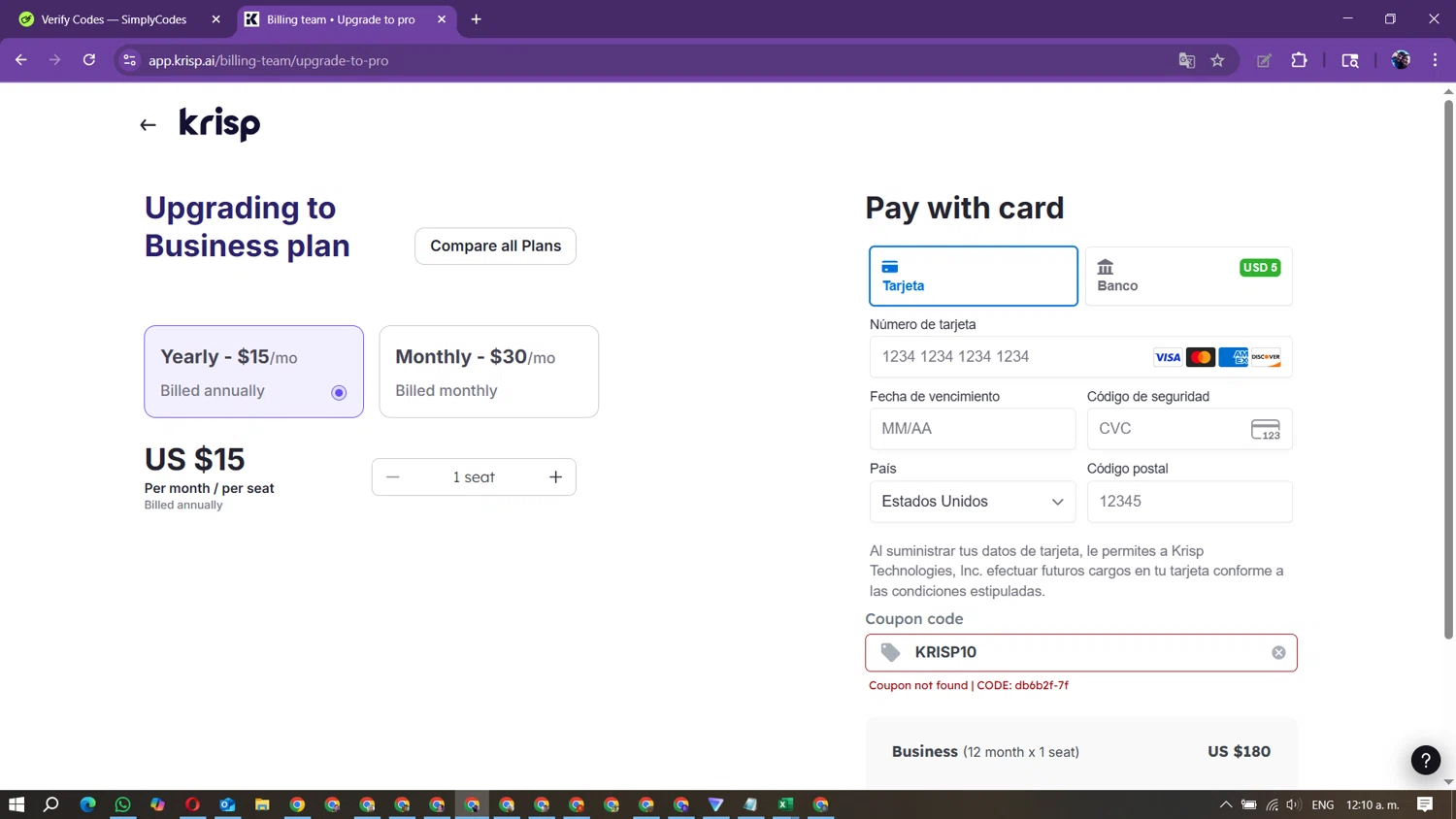 Krisp coupon code screenshot showing code KRISP10 applied at Krisp checkout page. Uploaded by SimplyCodes community member Marielis on Sep 19, 2025