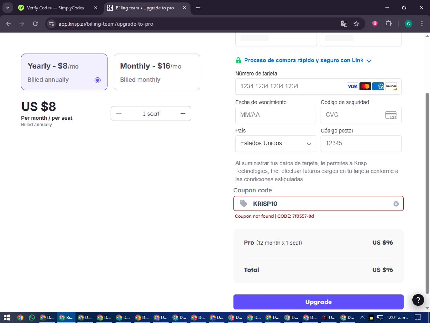 Krisp coupon code screenshot showing code KRISP10 applied at Krisp checkout page. Uploaded by SimplyCodes community member PennyFinder5759 on Sep 19, 2025