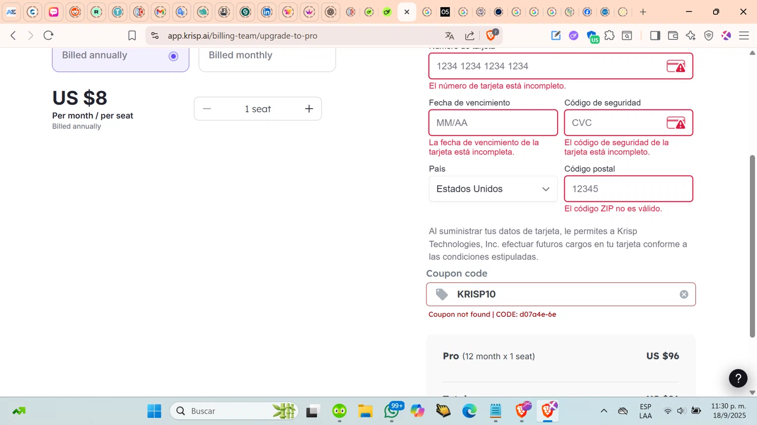 Krisp coupon code screenshot showing code KRISP10 applied at Krisp checkout page. Uploaded by SimplyCodes community member cosita on Sep 19, 2025