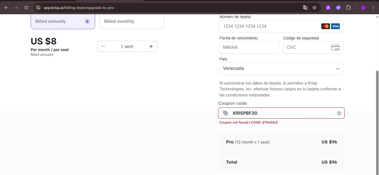 Krisp coupon code screenshot showing code KRISPBF30 applied at Krisp checkout page. Uploaded by SimplyCodes community member CoinMaverick1452 on Dec 6, 2025