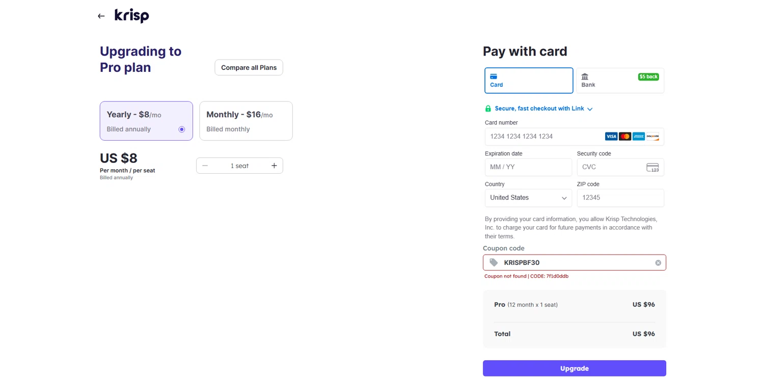 Krisp coupon code screenshot showing code KRISPBF30 applied at Krisp checkout page. Uploaded by SimplyCodes community member MoneyHunter5624 on Dec 6, 2025