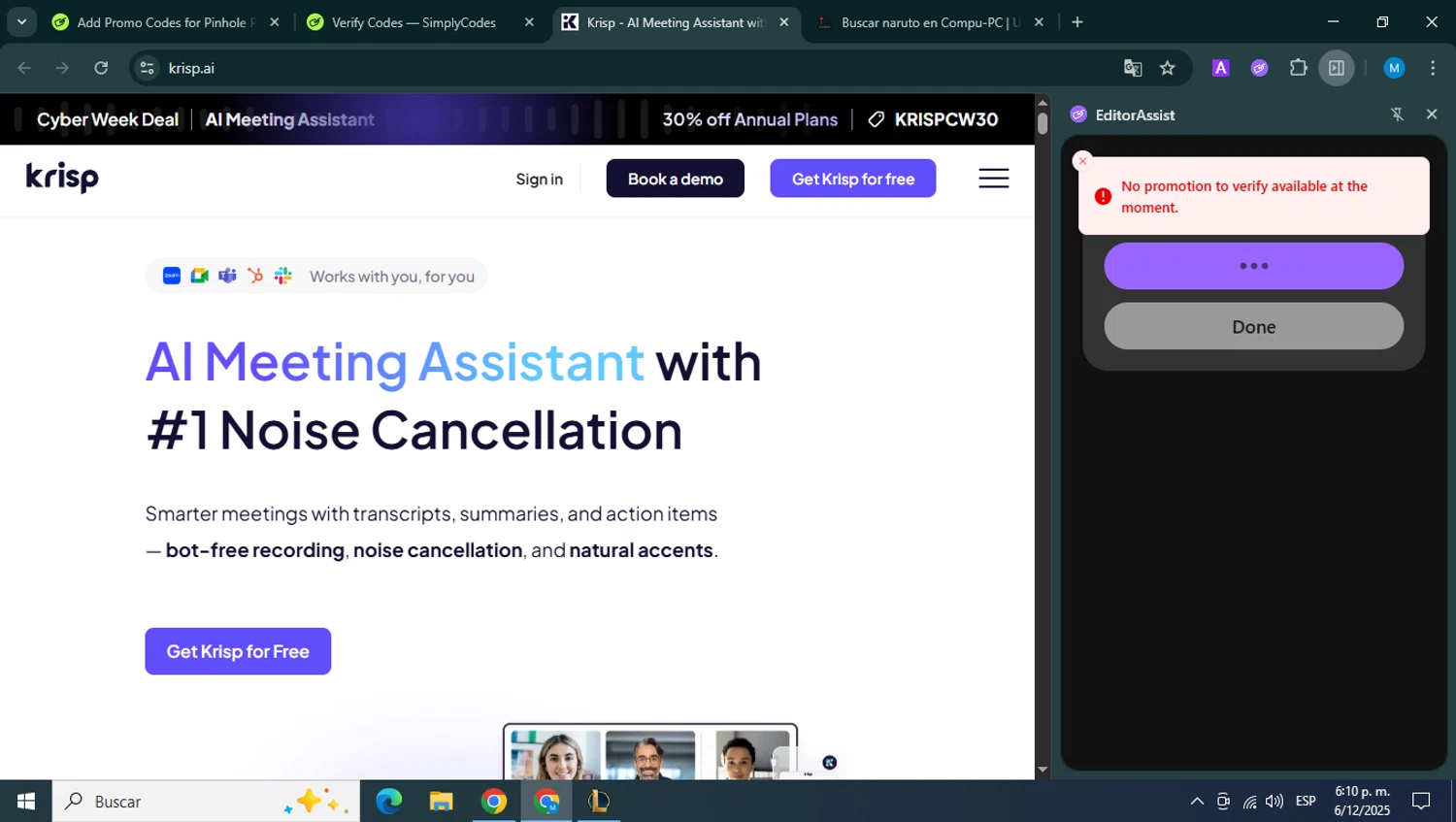 Krisp coupon code screenshot showing code KRISPBF30 applied at Krisp checkout page. Uploaded by SimplyCodes community member rosamiranda on Dec 6, 2025