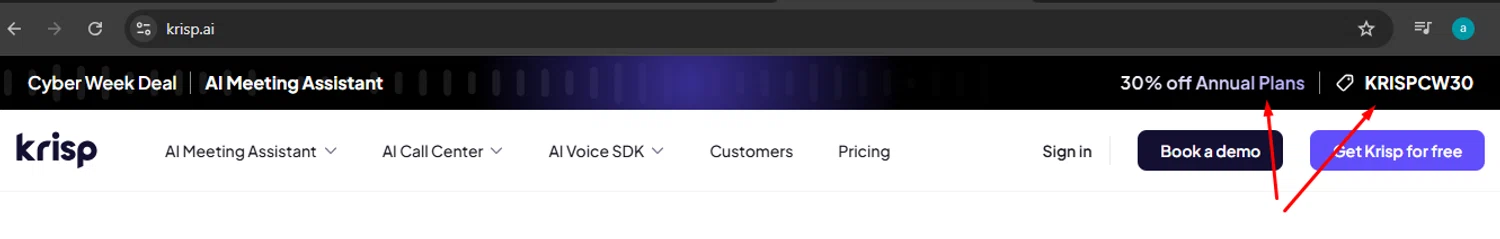 Krisp coupon code screenshot showing code KRISPCW30 applied at Krisp checkout page. Uploaded by SimplyCodes community member argenygalvez on Dec 4, 2025