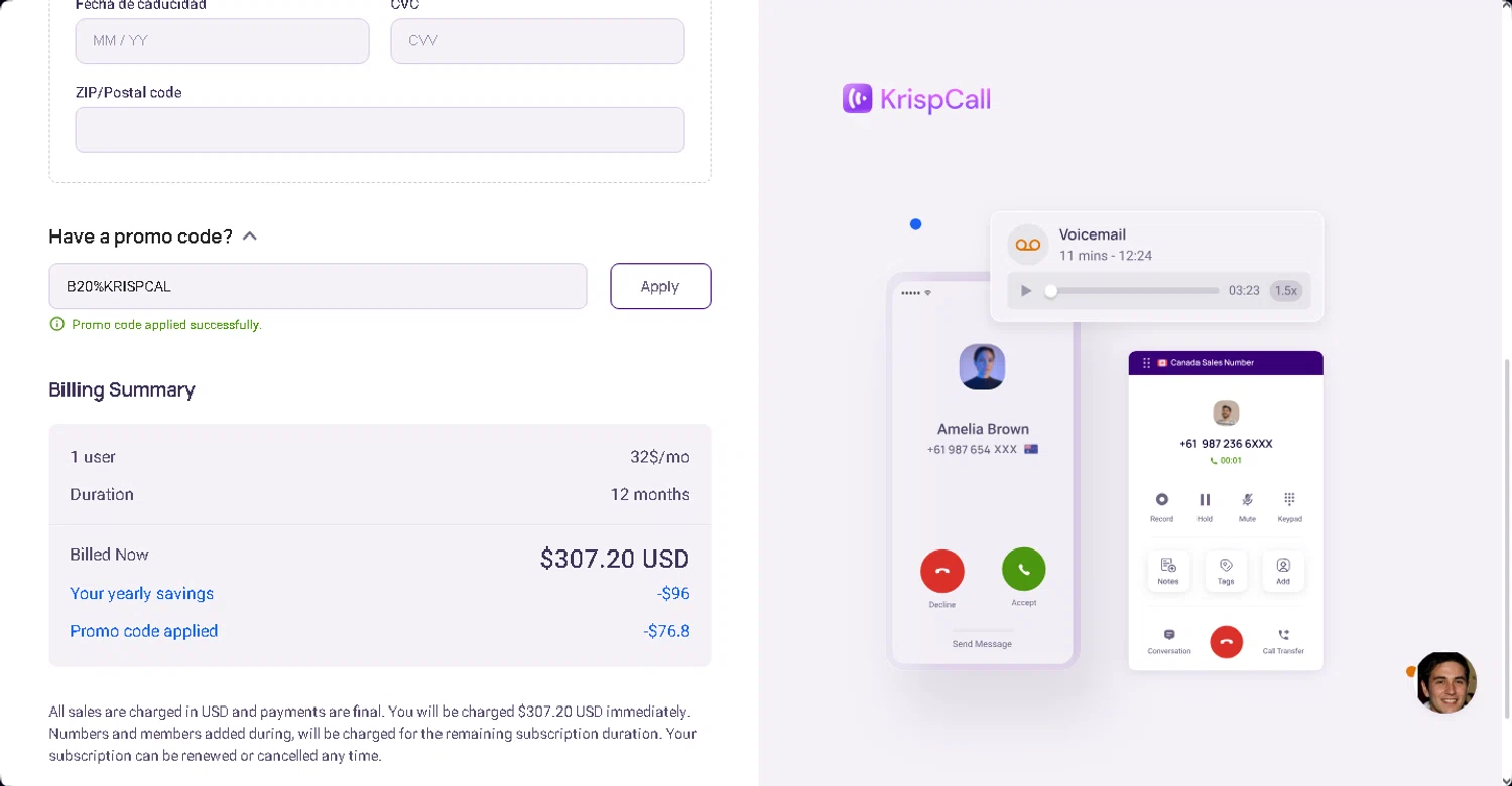 KrispCall promo code screenshot showing code B20%KRISPCAL applied at KrispCall checkout page. Uploaded by SimplyCodes community member Cintirivero on Feb 19, 2025