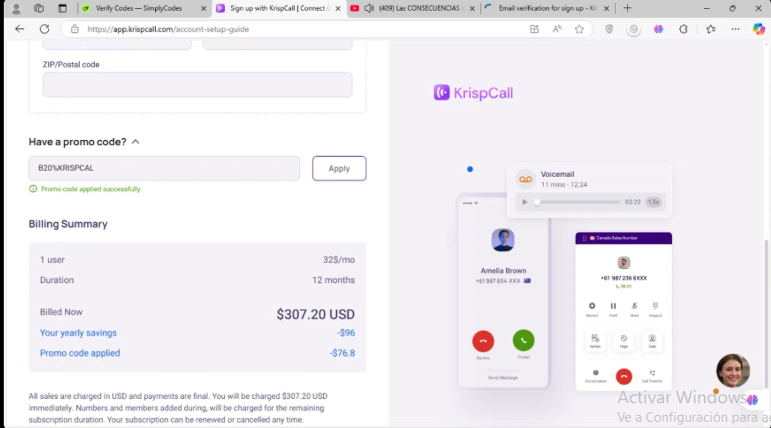 KrispCall promo code screenshot showing code B20%KRISPCAL applied at KrispCall checkout page. Uploaded by SimplyCodes community member toti2222 on Mar 2, 2025