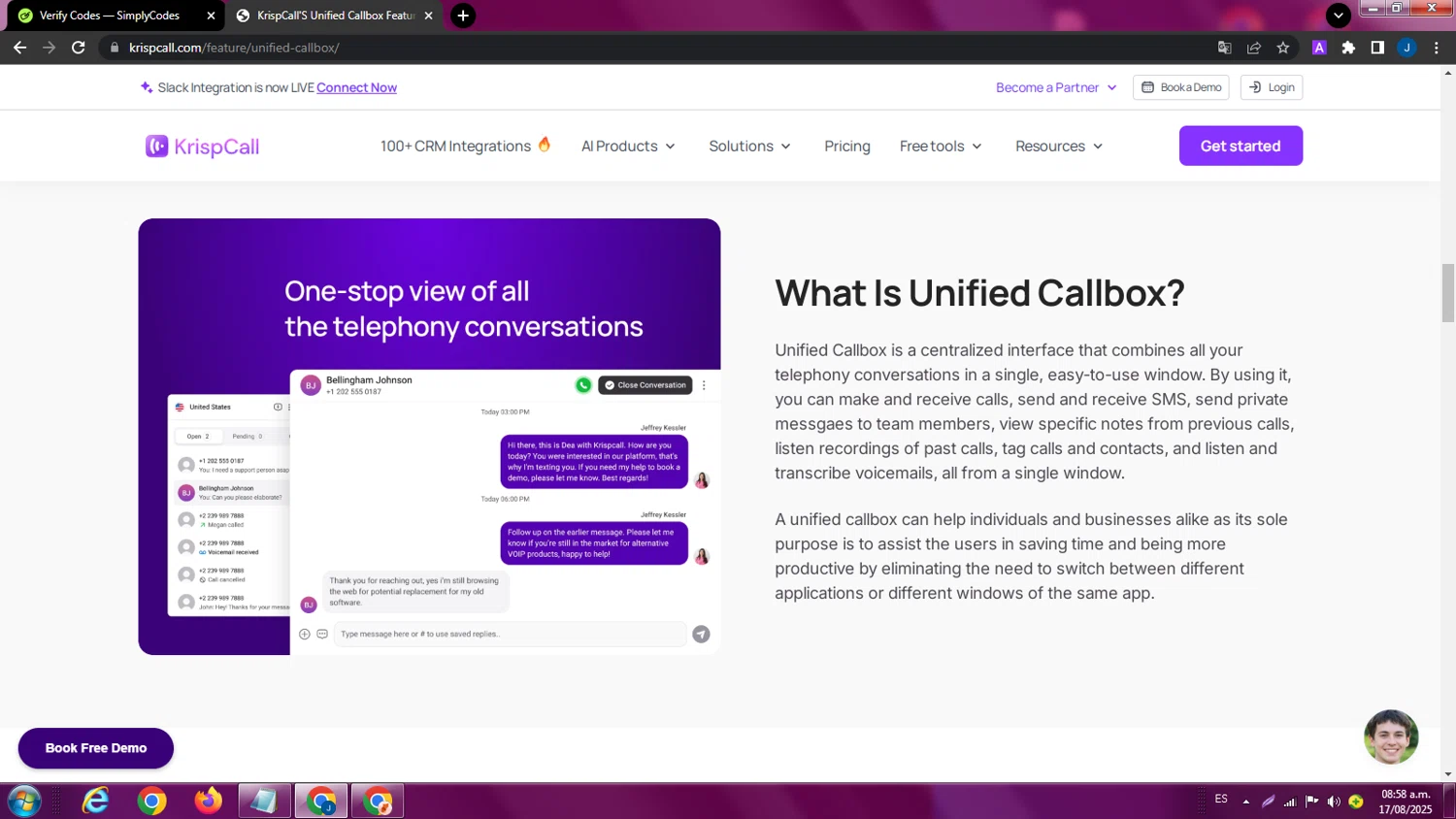 KrispCall promo code screenshot showing code KRISP20%INDV applied at KrispCall checkout page. Uploaded by SimplyCodes community member ExtraordinaryPhoenix9295 on Aug 17, 2025
