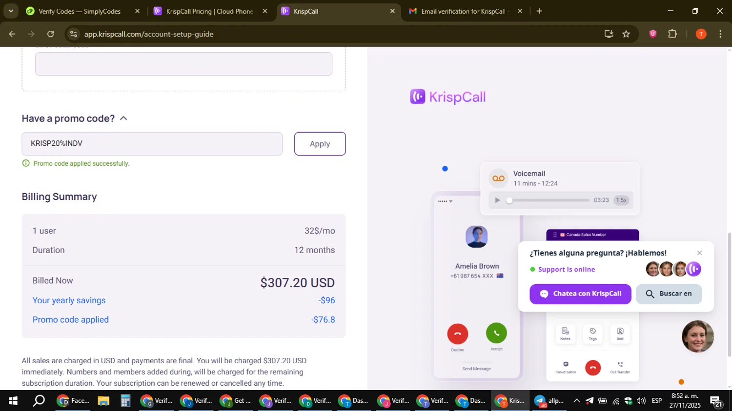 KrispCall promo code screenshot showing code KRISP20%INDV applied at KrispCall checkout page. Uploaded by SimplyCodes community member ShrewdAce8338 on Nov 27, 2025