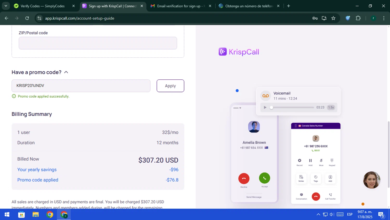 KrispCall promo code screenshot showing code KRISP20%INDV applied at KrispCall checkout page. Uploaded by SimplyCodes community member rodri1 on Aug 17, 2025