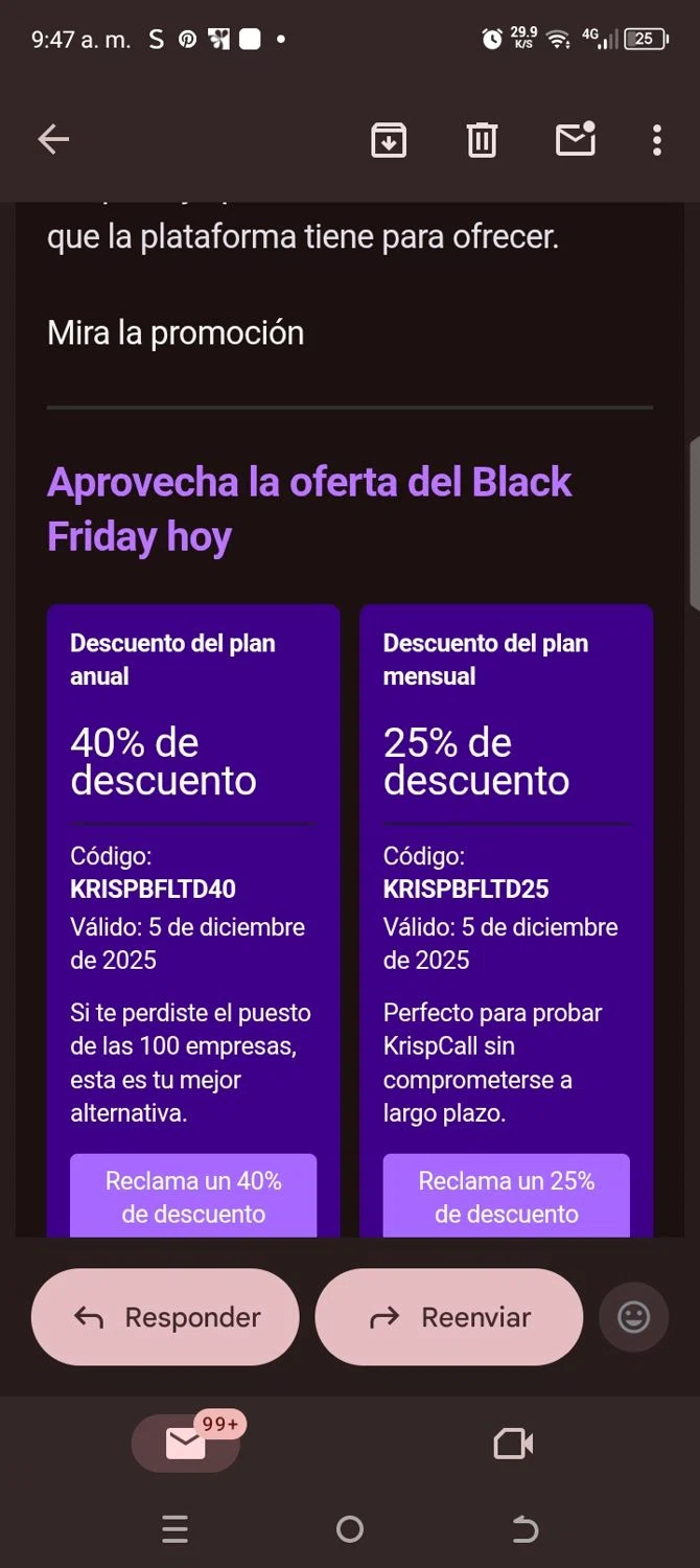 KrispCall promo code screenshot showing code KRISPBFLTD25 applied at KrispCall checkout page. Uploaded by SimplyCodes community member kellymoreno on Dec 4, 2025