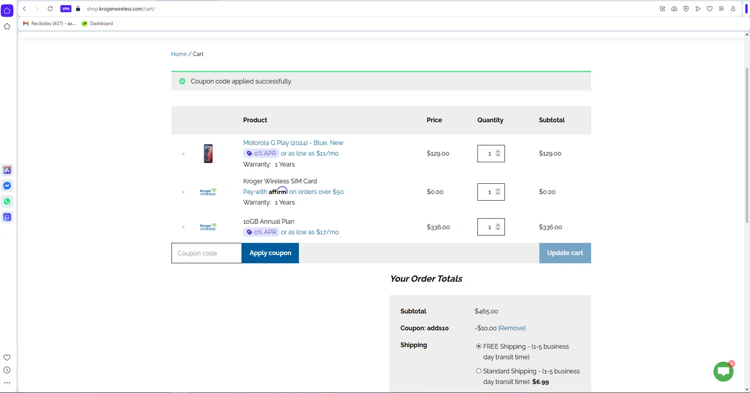 Kroger Wireless checkout page showing Kroger Wireless coupon code box | Screenshot taken by SimplyCodes community member on Feb 4, 2026