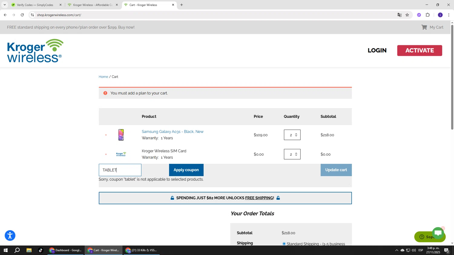 Kroger Wireless coupon code screenshot showing code TABLET applied at Kroger Wireless checkout page. Uploaded by SimplyCodes community member simplycodesssss on Nov 27, 2025