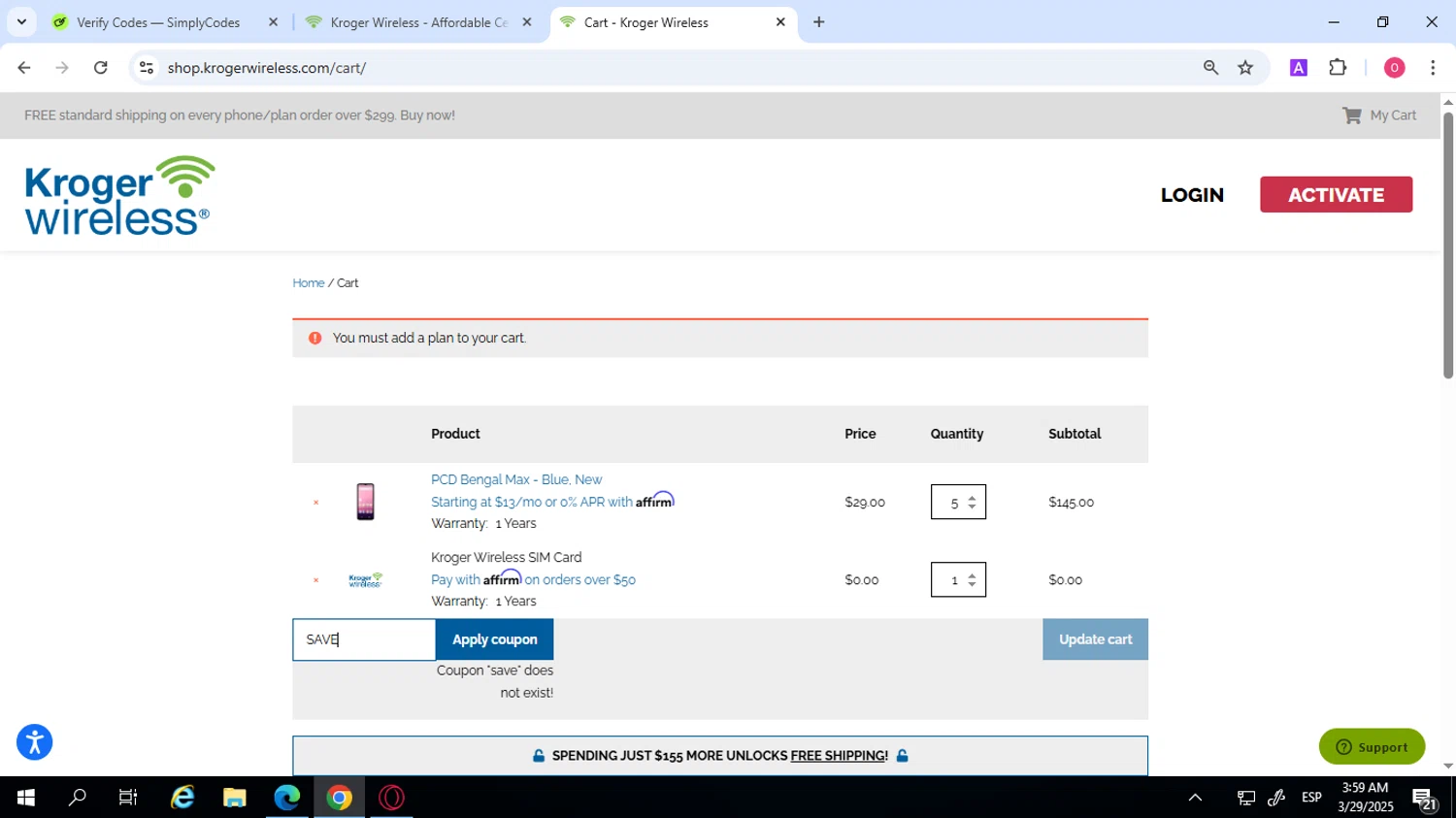 Kroger Wireless coupon code screenshot showing code SAVE applied at Kroger Wireless checkout page. Uploaded by SimplyCodes community member SilverVirtuoso7221 on Mar 29, 2025