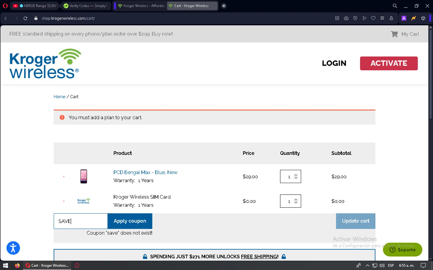 Kroger Wireless coupon code screenshot showing code SAVE applied at Kroger Wireless checkout page. Uploaded by SimplyCodes community member mixelis on Mar 29, 2025