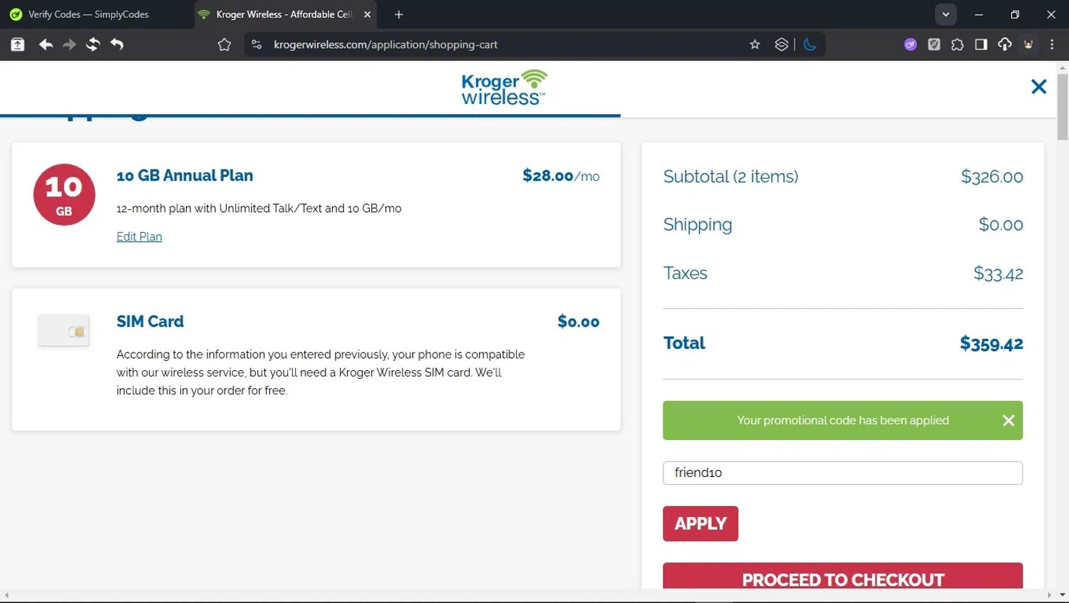 Kroger Wireless coupon code screenshot showing code friend10 applied at Kroger Wireless checkout page. Uploaded by SimplyCodes community member BudgetCollector3125 on Oct 20, 2025