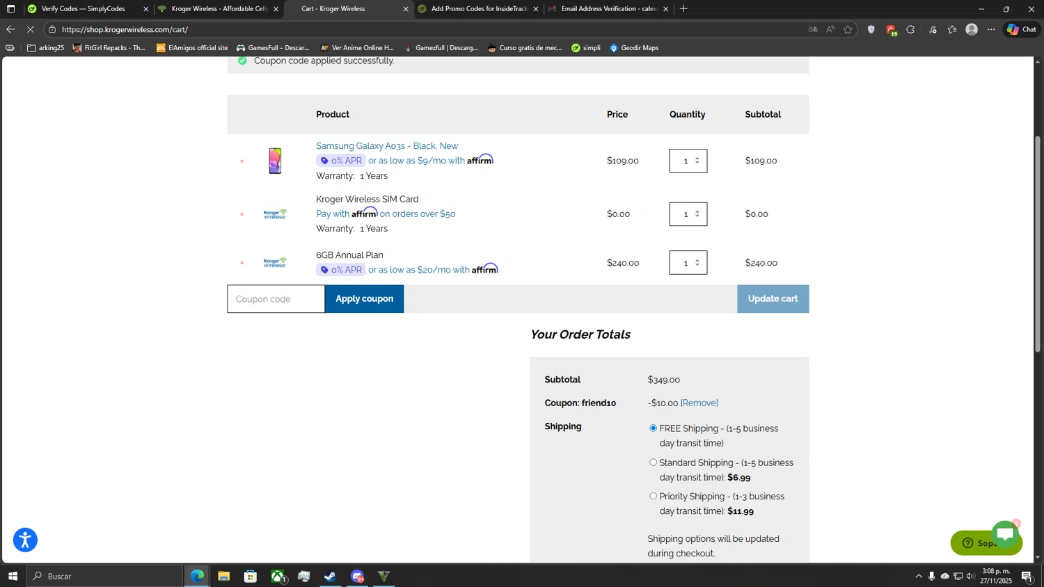 Kroger Wireless coupon code screenshot showing code friend10 applied at Kroger Wireless checkout page. Uploaded by SimplyCodes community member CoinLegend5168 on Nov 27, 2025