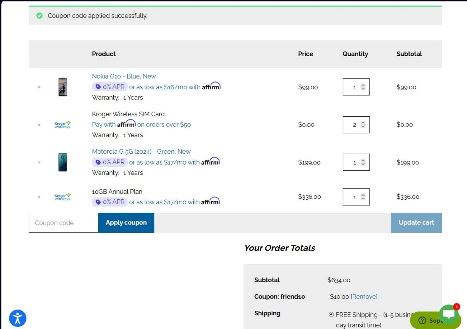 Kroger Wireless coupon code screenshot showing code friend10 applied at Kroger Wireless checkout page. Uploaded by SimplyCodes community member andrescarreraborges on Dec 26, 2025