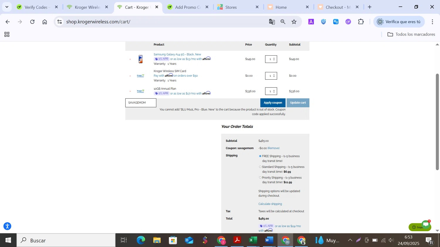 Kroger Wireless coupon code screenshot showing code SAVAGEMOM applied at Kroger Wireless checkout page. Uploaded by SimplyCodes community member MANUELURBINA on Sep 24, 2025