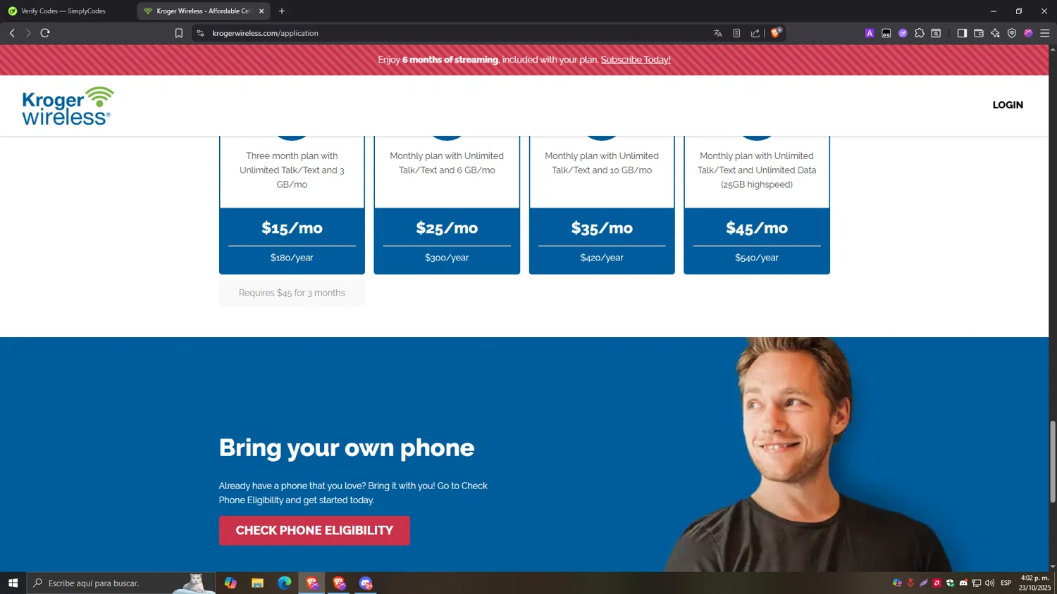 Kroger Wireless coupon code screenshot showing code SAVAGEMOM applied at Kroger Wireless checkout page. Uploaded by SimplyCodes community member Tragedy on Oct 23, 2025