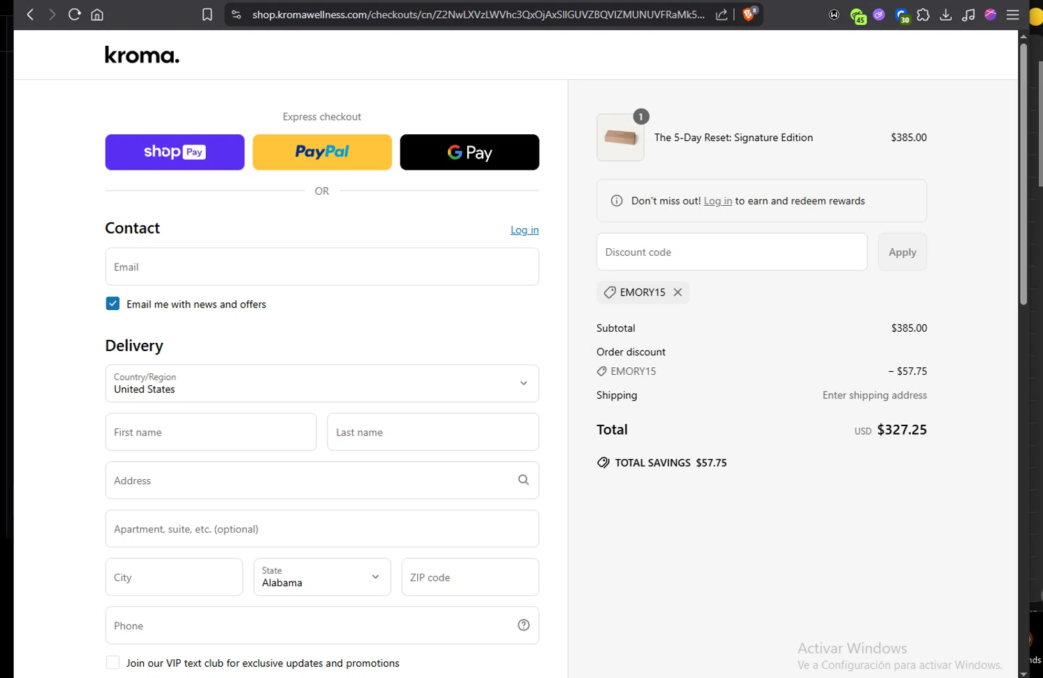 Kroma Wellness discount code screenshot showing code EMORY15 applied at Kroma Wellness checkout page. Uploaded by SimplyCodes community member Jmhernand1 on Jun 24, 2025