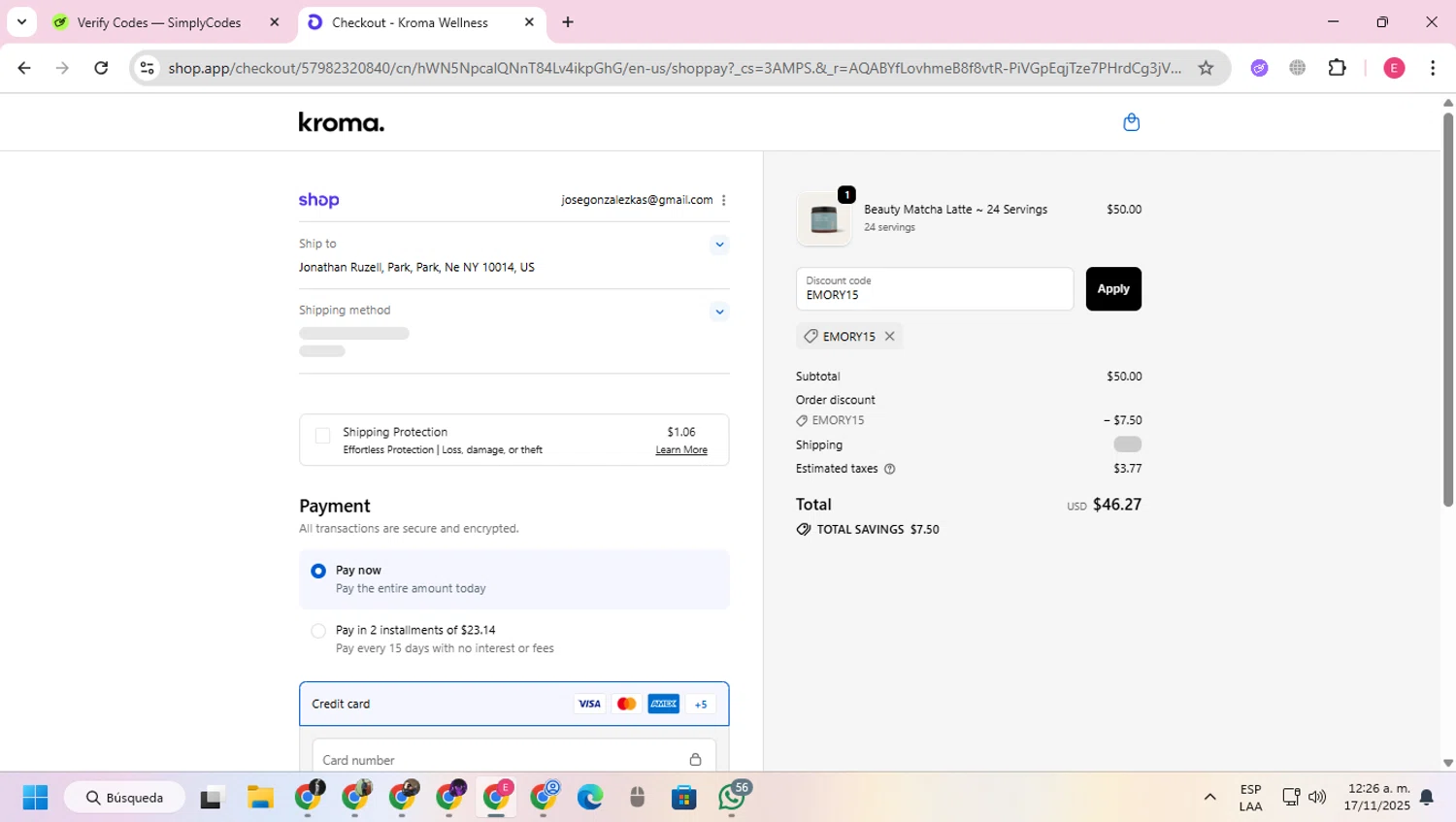 Kroma Wellness discount code screenshot showing code EMORY15 applied at Kroma Wellness checkout page. Uploaded by SimplyCodes community member VoucherExpert2930 on Nov 17, 2025