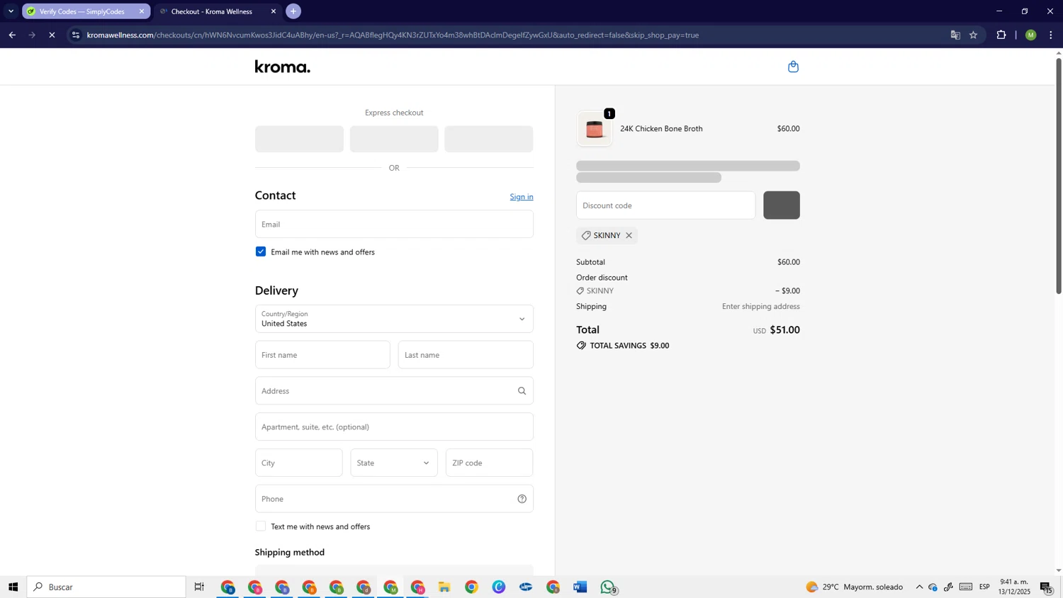 Kroma Wellness discount code screenshot showing code SKINNY applied at Kroma Wellness checkout page. Uploaded by SimplyCodes community member PrimeSage6924 on Dec 13, 2025