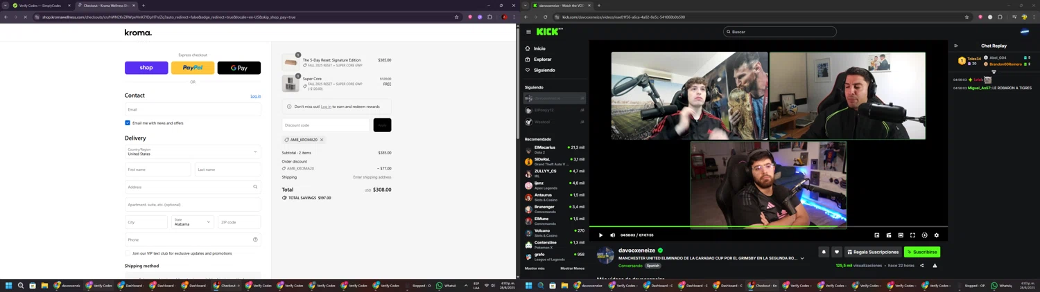 Kroma Wellness discount code screenshot showing code AMB_KROMA20 applied at Kroma Wellness checkout page. Uploaded by SimplyCodes community member BrilliantSaver7516 on Aug 28, 2025