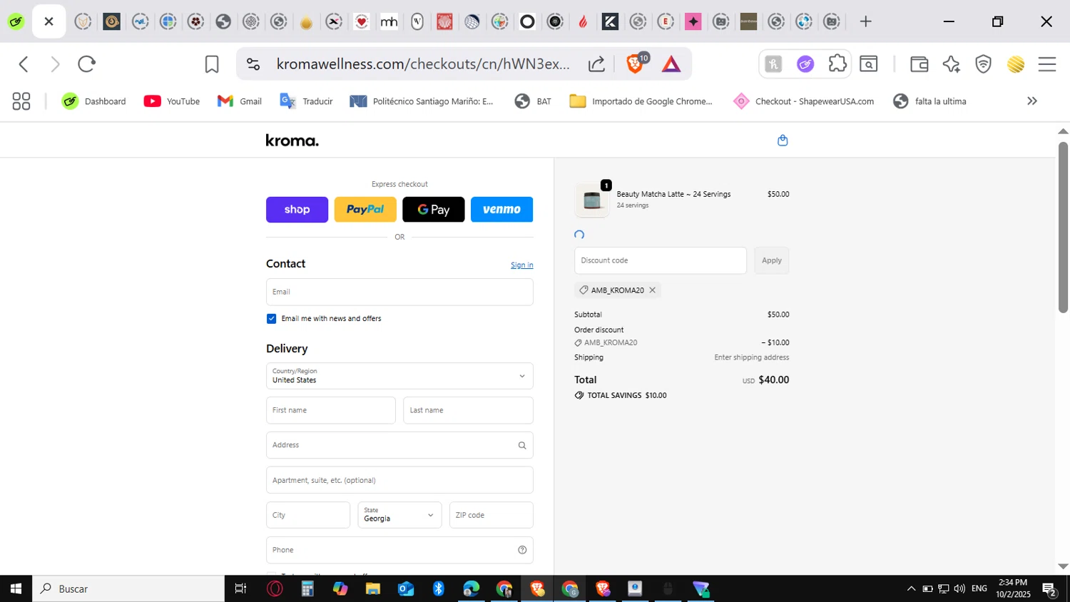 Kroma Wellness discount code screenshot showing code AMB_KROMA20 applied at Kroma Wellness checkout page. Uploaded by SimplyCodes community member conorgrey on Oct 2, 2025