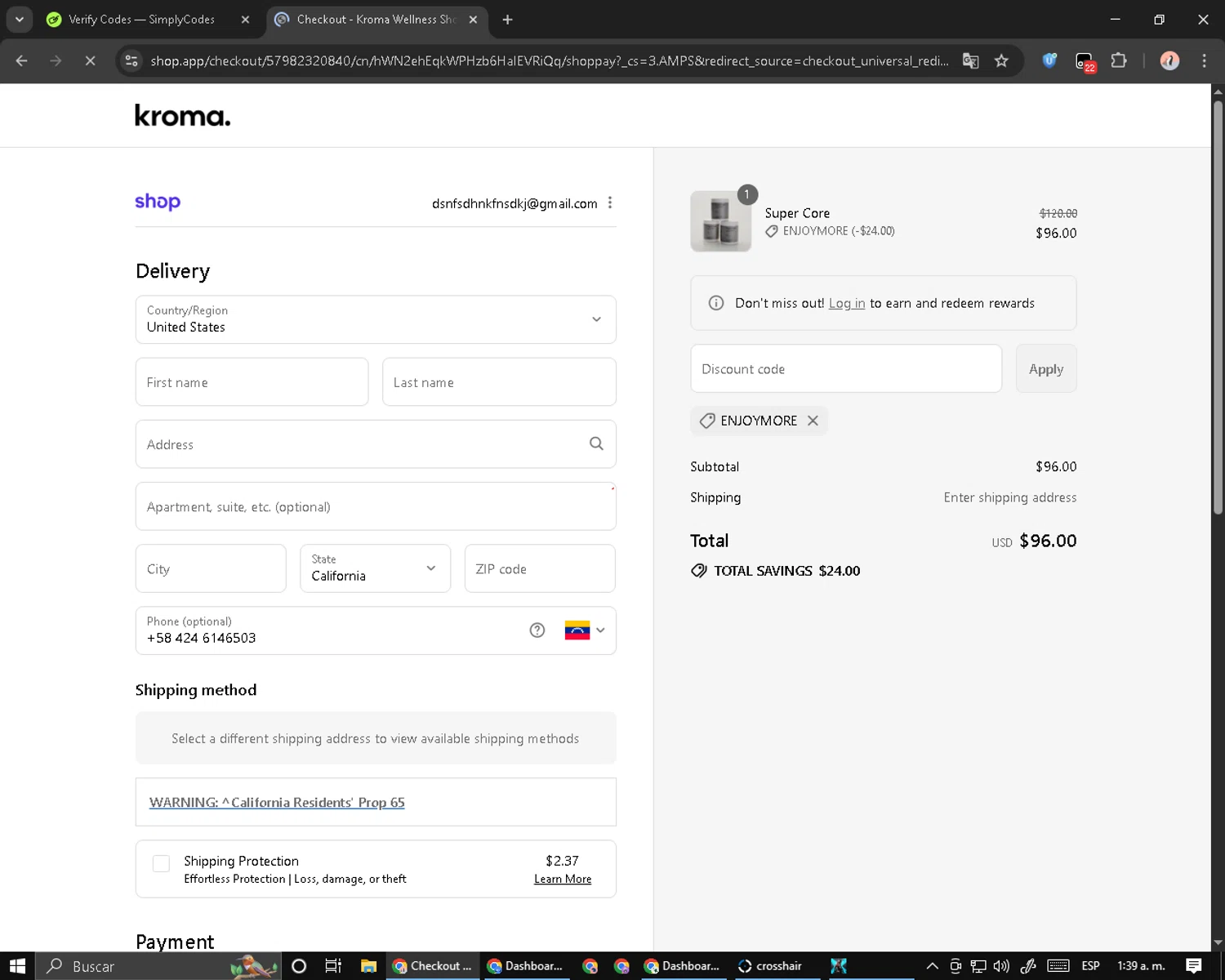 Kroma Wellness discount code screenshot showing code ENJOYMORE applied at Kroma Wellness checkout page. Uploaded by SimplyCodes community member MoneyPilot9165 on Sep 6, 2025