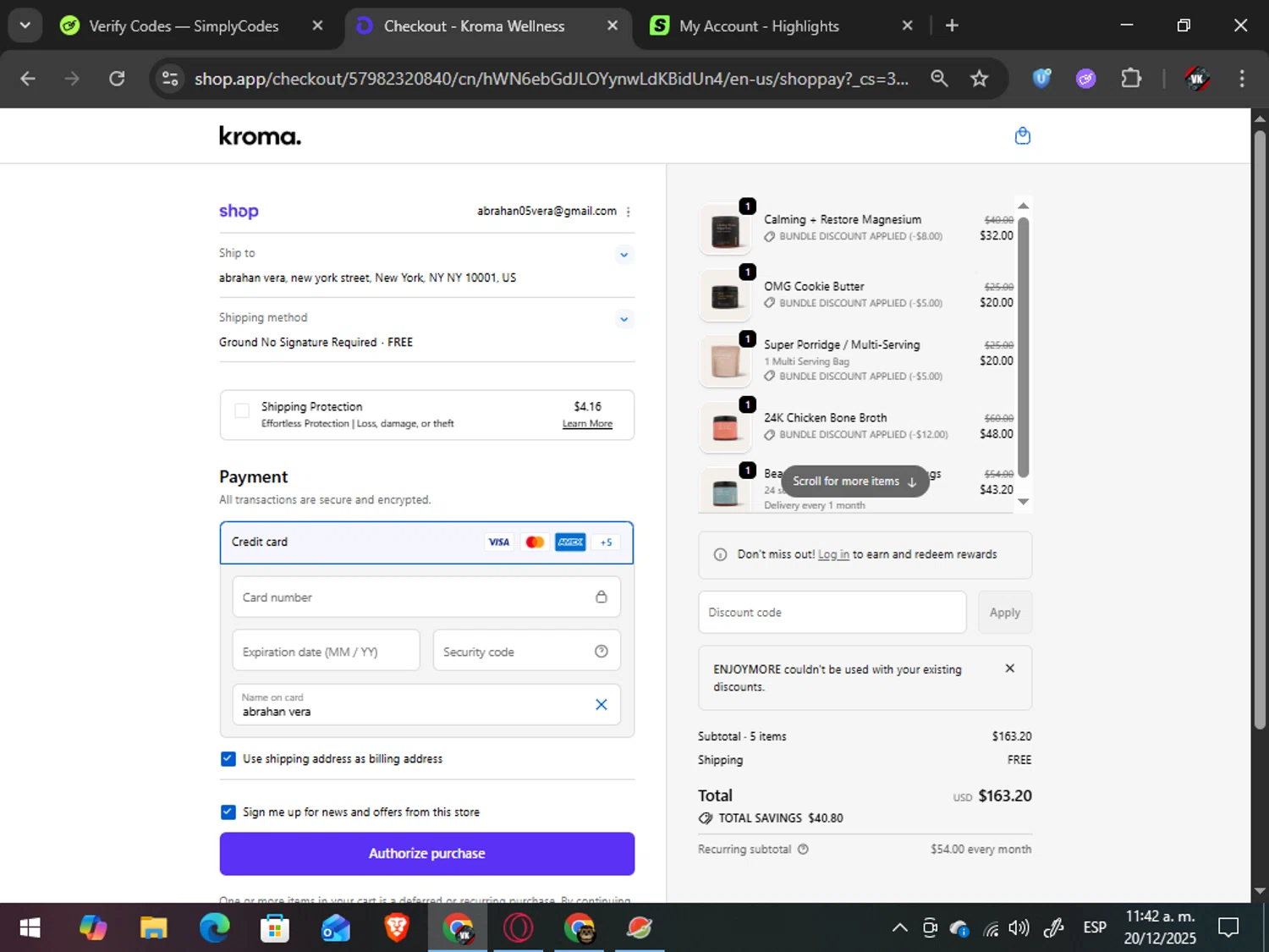 Kroma Wellness discount code screenshot showing code ENJOYMORE applied at Kroma Wellness checkout page. Uploaded by SimplyCodes community member TreasureAdmiral6867 on Dec 20, 2025