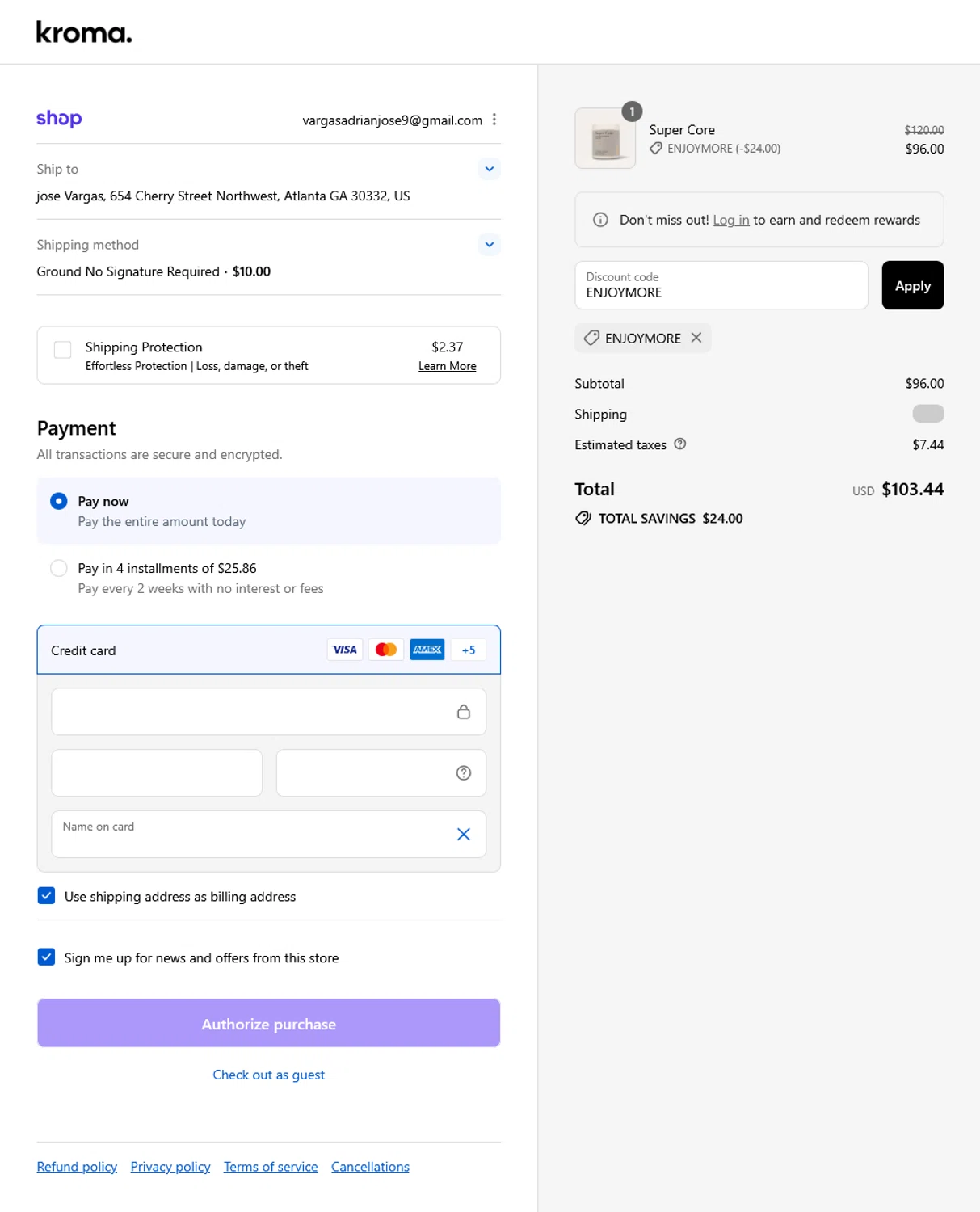 Kroma Wellness discount code screenshot showing code ENJOYMORE applied at Kroma Wellness checkout page. Uploaded by SimplyCodes community member WladimirV on Sep 10, 2025