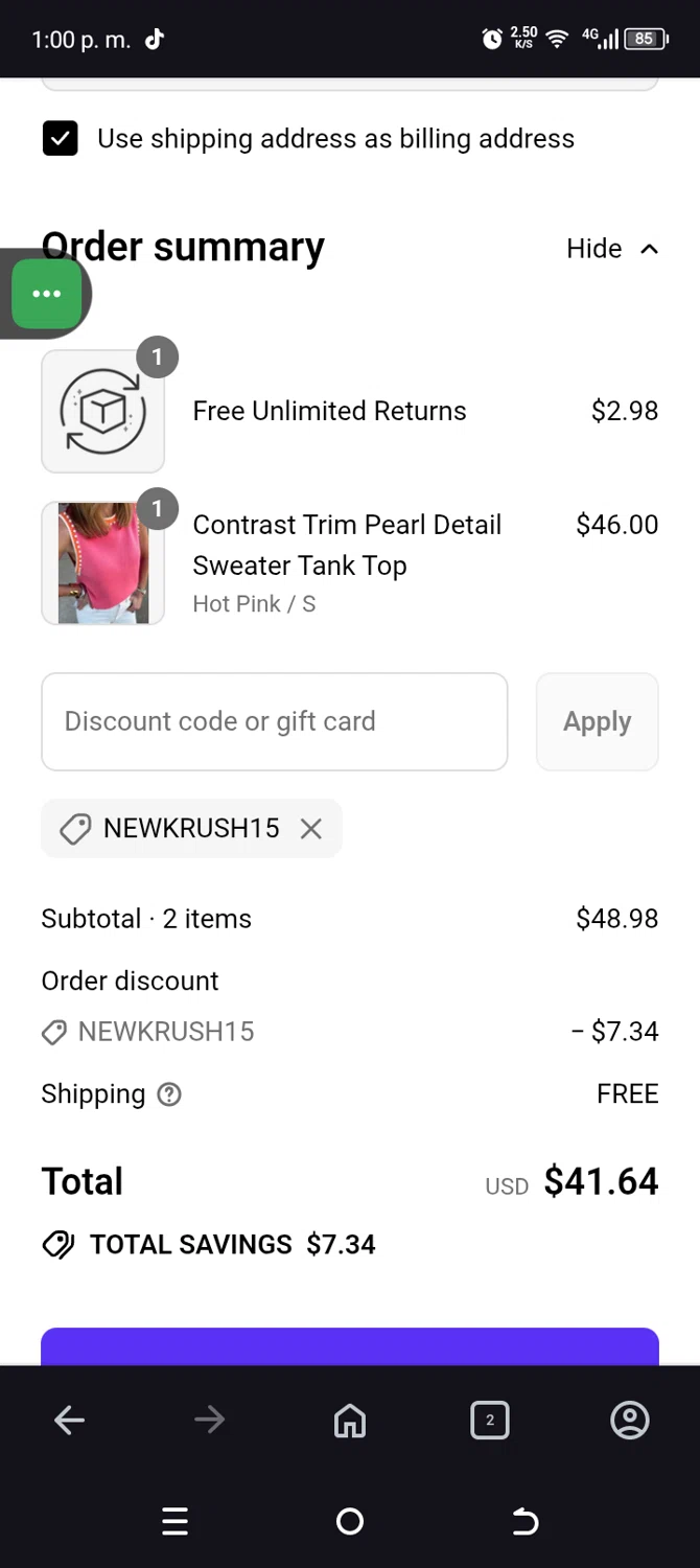 Krush Kandy coupon code screenshot showing code NEWKRUSH15 applied at Krush Kandy checkout page. Uploaded by SimplyCodes community member VillaloboY on Aug 23, 2025