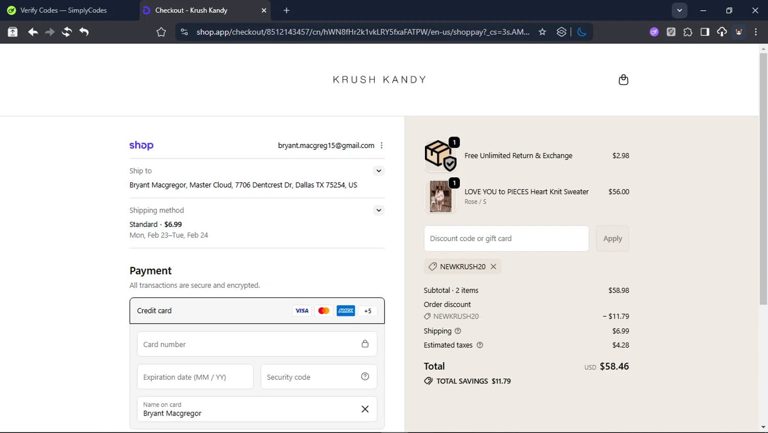 Krush Kandy coupon code screenshot showing code NEWKRUSH20 applied at Krush Kandy checkout page. Uploaded by SimplyCodes community member BrilliantTitan6909 on Feb 11, 2026