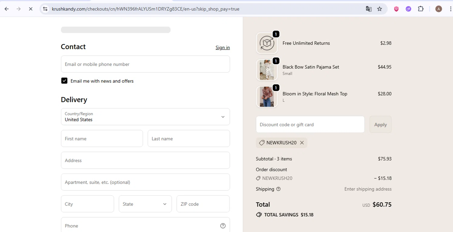 Krush Kandy coupon code screenshot showing code NEWKRUSH20 applied at Krush Kandy checkout page. Uploaded by SimplyCodes community member GoldRanger7896 on Sep 19, 2025
