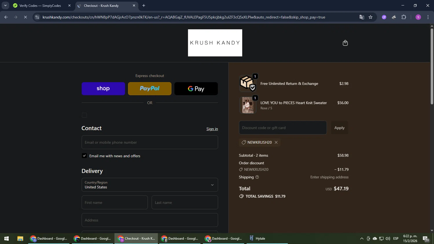 Krush Kandy coupon code screenshot showing code NEWKRUSH20 applied at Krush Kandy checkout page. Uploaded by SimplyCodes community member Son_Goku on Feb 15, 2026