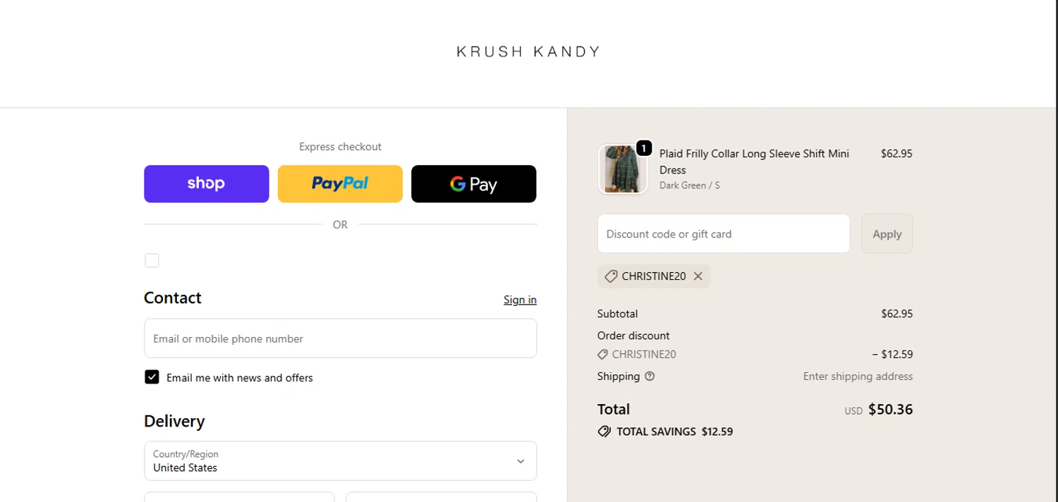 Krush Kandy coupon code screenshot showing code CHRISTINE20 applied at Krush Kandy checkout page. Uploaded by SimplyCodes community member MagnificentCurator5441 on Oct 25, 2025
