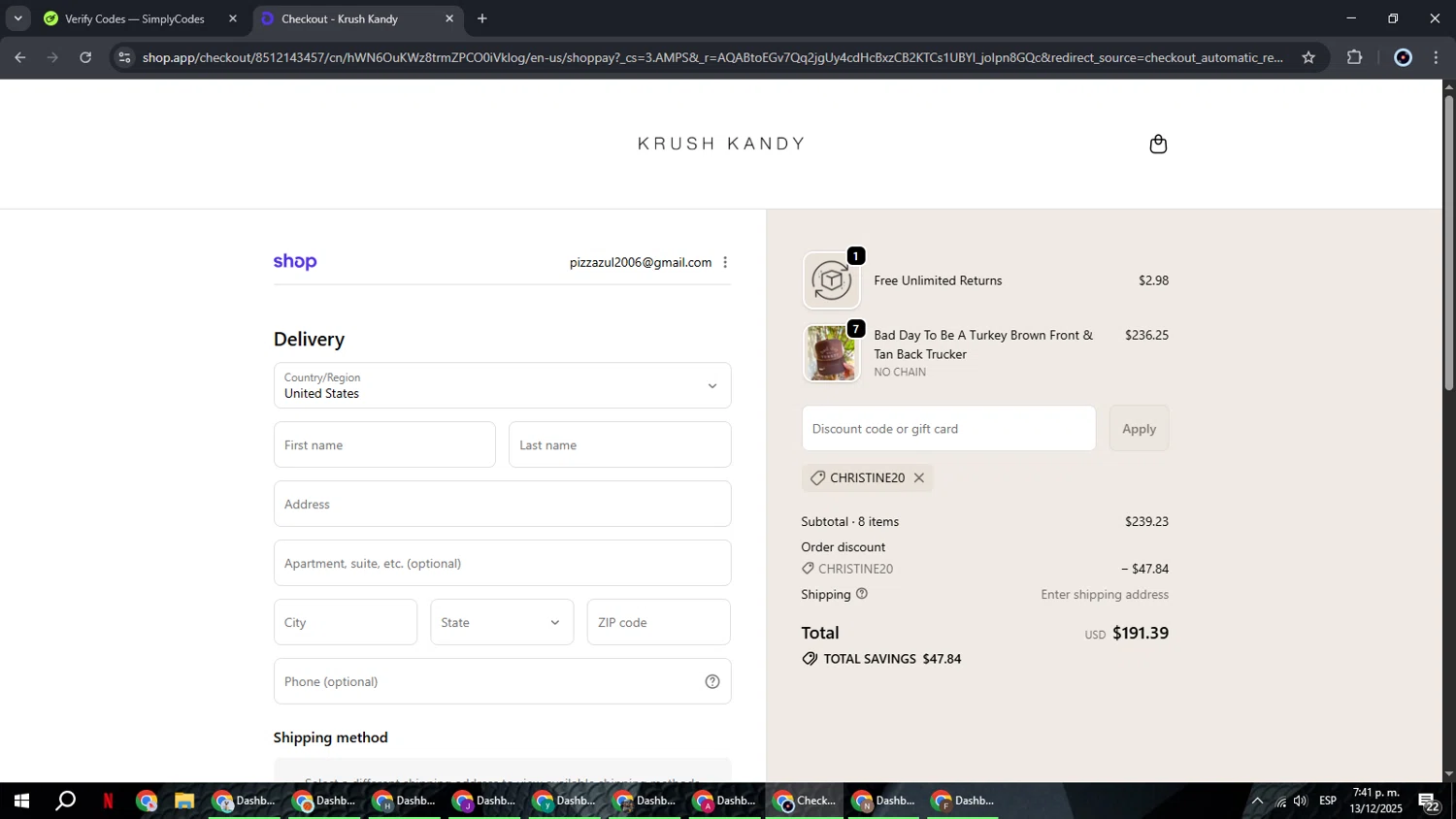 Krush Kandy coupon code screenshot showing code CHRISTINE20 applied at Krush Kandy checkout page. Uploaded by SimplyCodes community member RoyalBoss4384 on Dec 13, 2025