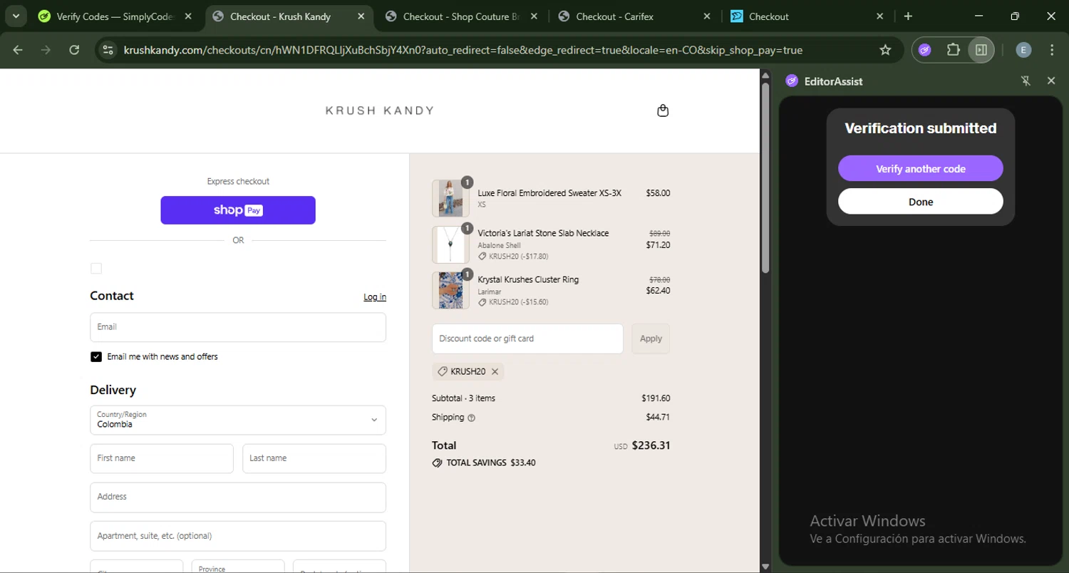 Krush Kandy coupon code screenshot showing code KRUSH20 applied at Krush Kandy checkout page. Uploaded by SimplyCodes community member ExtraordinaryMonarch4598 on Jul 30, 2025