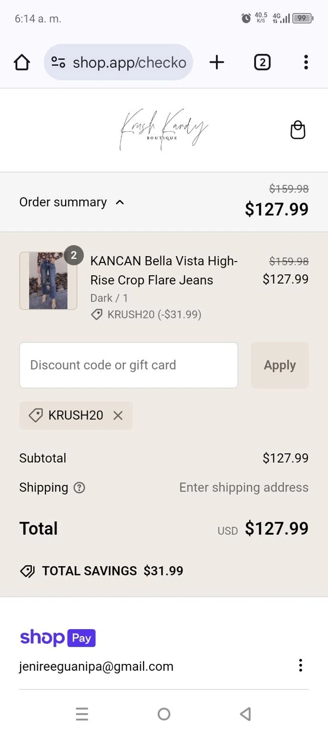 Krush Kandy coupon code screenshot showing code KRUSH20 applied at Krush Kandy checkout page. Uploaded by SimplyCodes community member BargainVirtuoso1688 on Jan 28, 2025