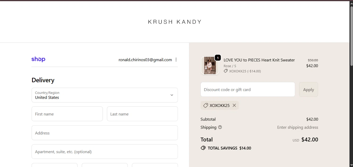 Krush Kandy coupon code screenshot showing code Xoxokk25 applied at Krush Kandy checkout page. Uploaded by SimplyCodes community member CleverGenius9882 on Jan 29, 2026
