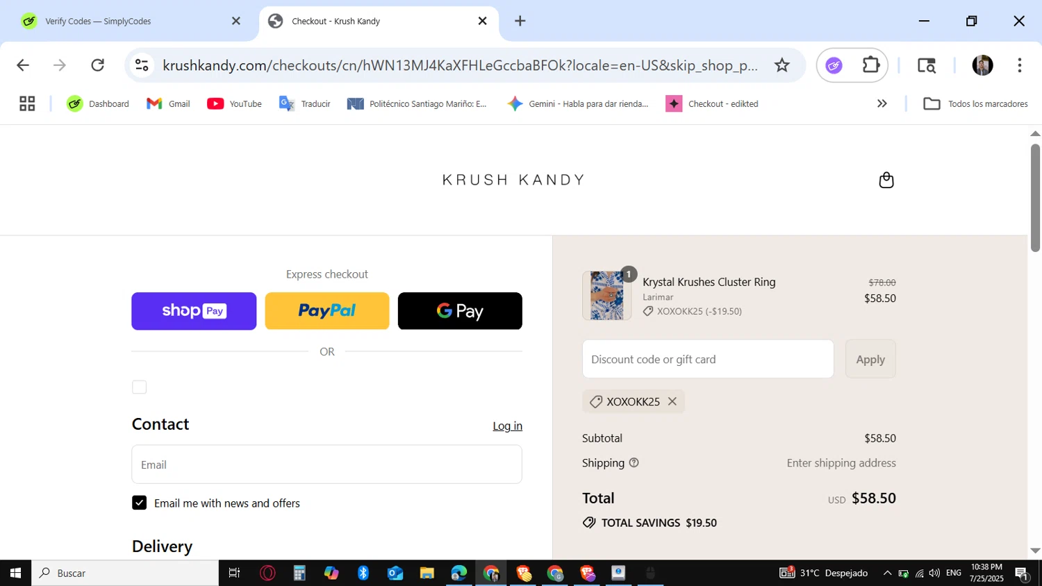Krush Kandy coupon code screenshot showing code Xoxokk25 applied at Krush Kandy checkout page. Uploaded by SimplyCodes community member KataldoMustafack on Jul 26, 2025
