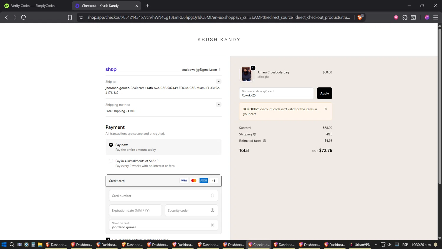 Krush Kandy coupon code screenshot showing code Xoxokk25 applied at Krush Kandy checkout page. Uploaded by SimplyCodes community member TreasureExpert3303 on Oct 17, 2025