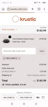 WELCOME10 coupon verification screenshot