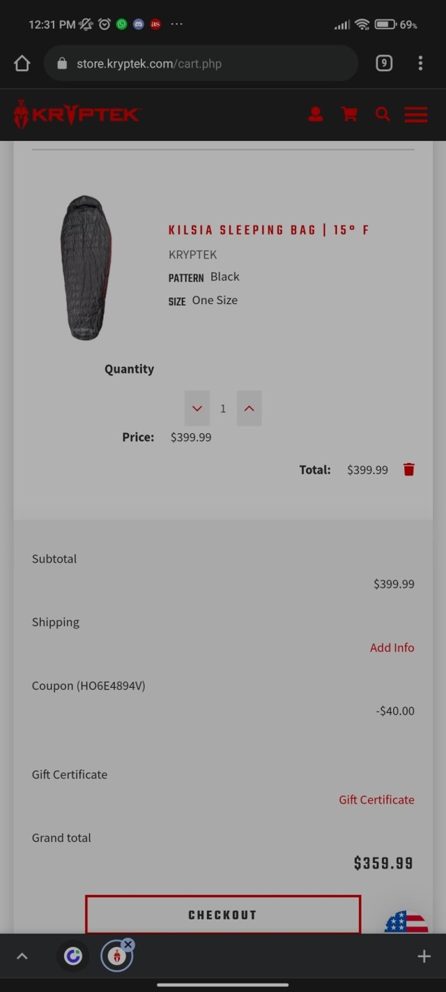 Kryptek checkout page showing Kryptek discount code box | Screenshot taken by SimplyCodes community member on Oct 28, 2021
