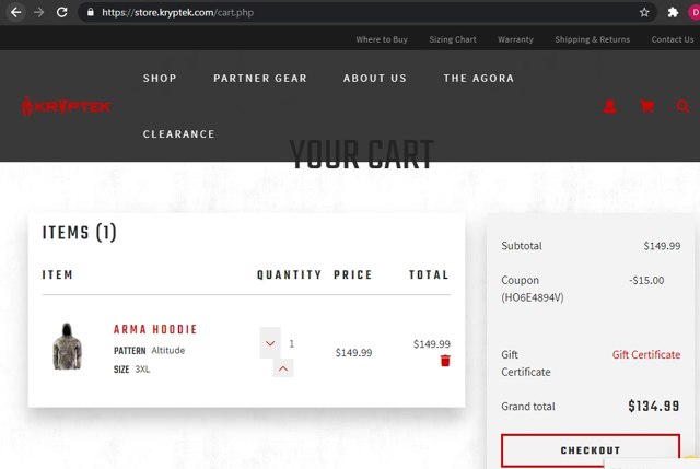 Kryptek checkout page showing Kryptek discount code box | Screenshot taken by SimplyCodes community member on Apr 1, 2021