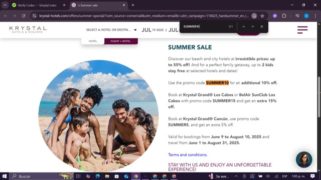 Krystal Hotels & Resorts checkout page showing Krystal Hotels & Resorts promo code box | Screenshot taken by SimplyCodes community member on Jul 19, 2025