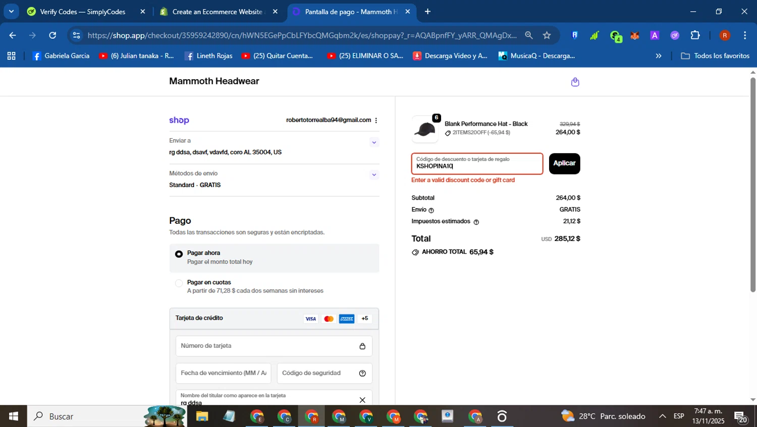 Kshopina discount code screenshot showing code KSHOPINA10 applied at Kshopina checkout page. Uploaded by SimplyCodes community member robertotorrealba on Nov 13, 2025