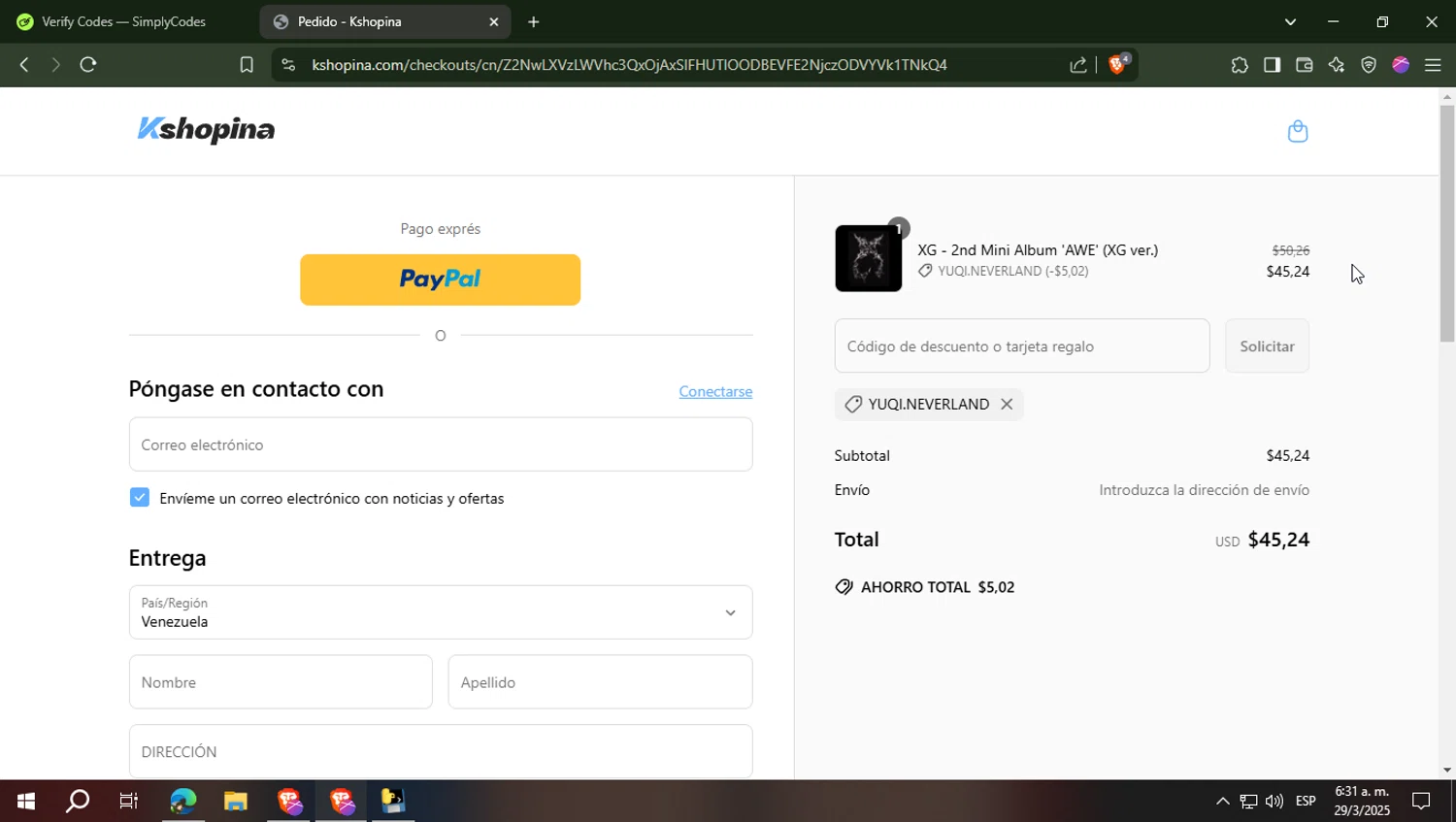 Kshopina discount code screenshot showing code YUQI.NEVERLAND applied at Kshopina checkout page. Uploaded by SimplyCodes community member PennyRanger3815 on Mar 29, 2025